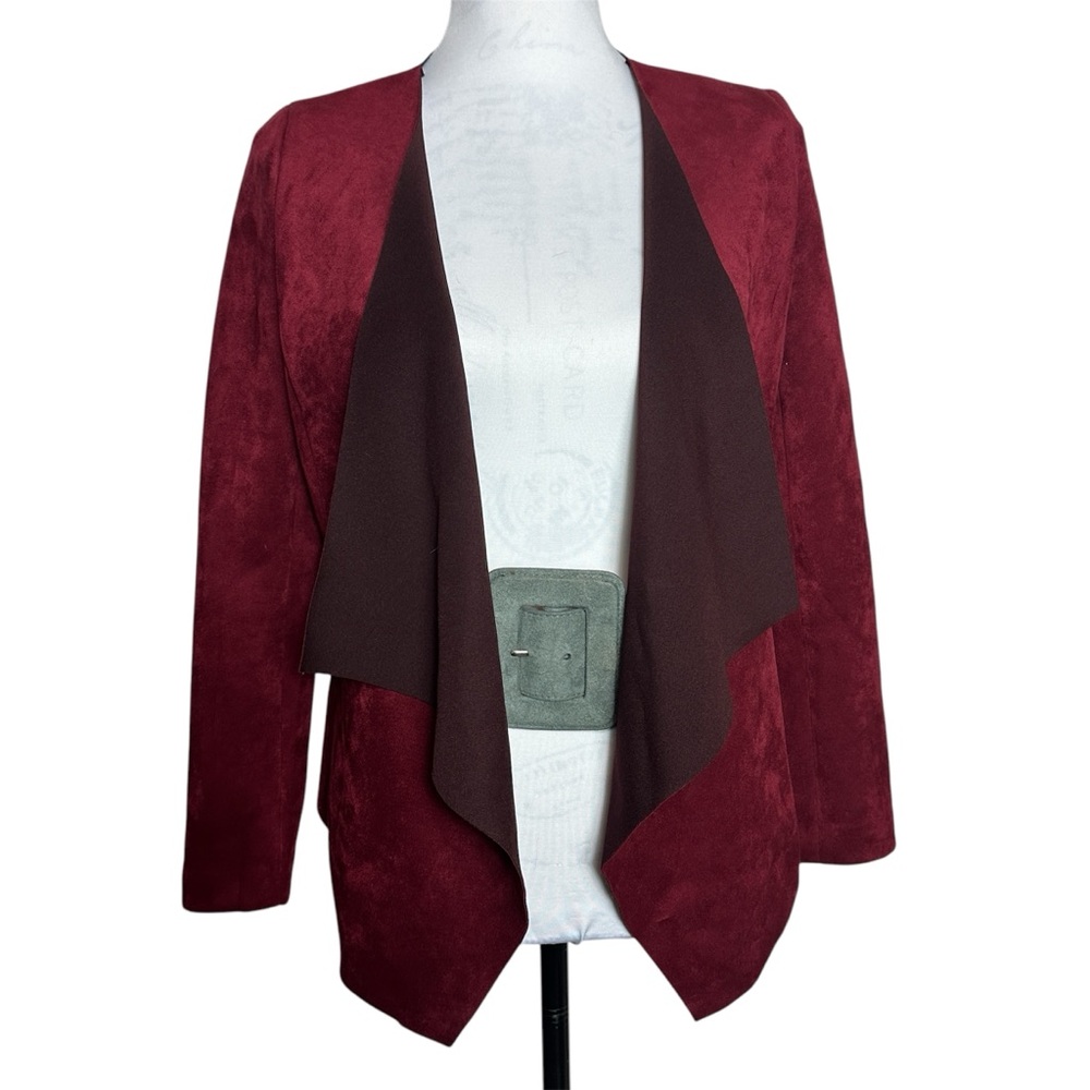 Love Token Burgundy Open Front Suede Jacket Cropped Long Sleeve Logan Fitted